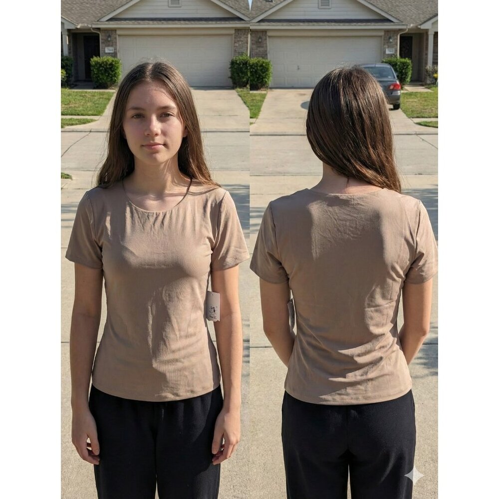 SWS Contour Tee Shirt Womens Junior L Tan Nude Short Sleeve Double Lined Stretch